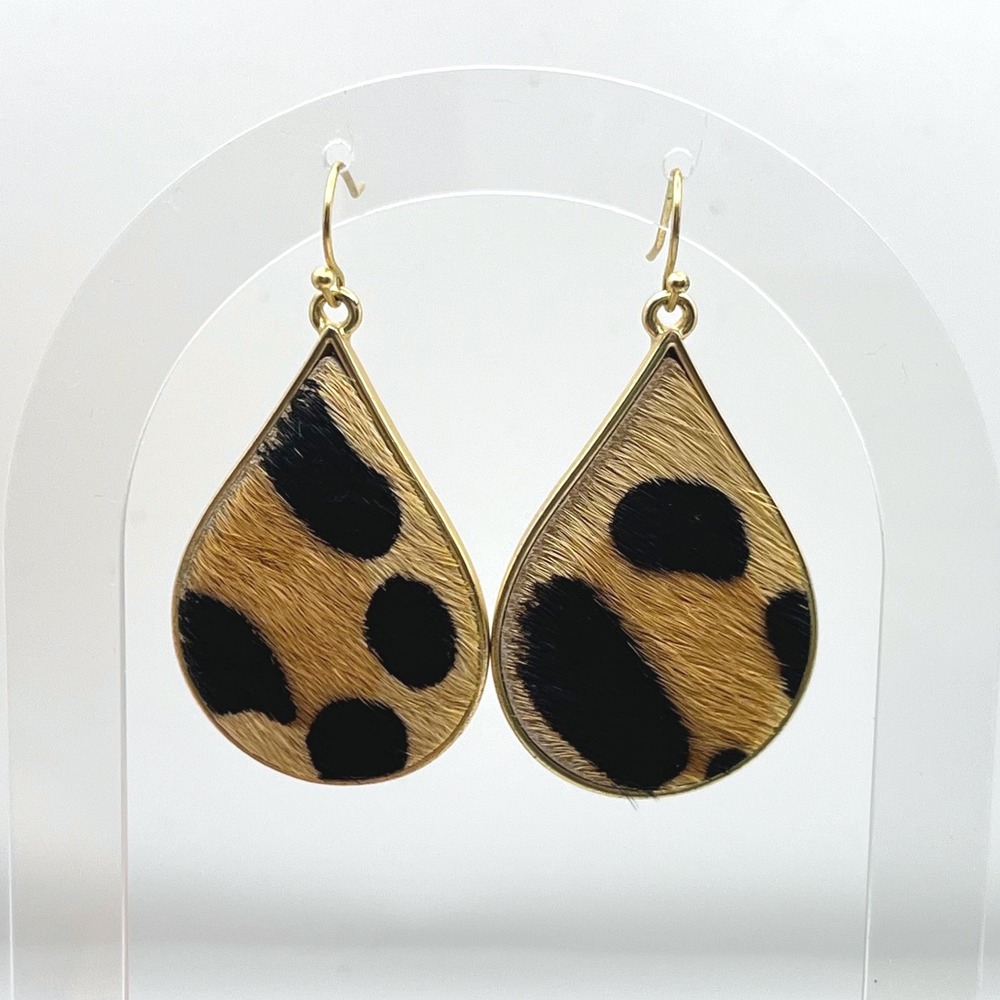 Leopard Print Teardrop Earrings Faux Calf Hair Gold Tone Dangle Boho